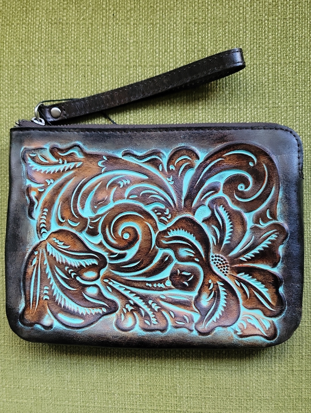 Patricia Nash Cassini Turquoise & Brown Tooled Leather Wristlet Clutch
